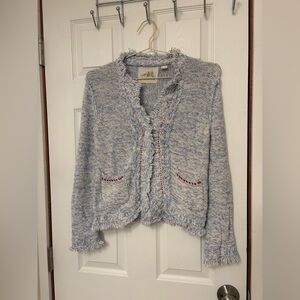Anthropologie Angel Of The North Blue and White Fringed Cardigan
